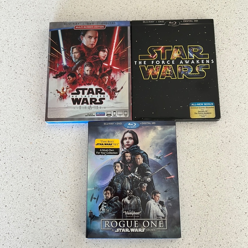 3 Star Wars movies: The Force Awakens, The Last Jedi, and Rogue One